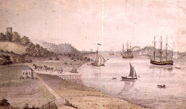 Flodlandskab med skibsfart og Dover Coach, ca. 1800 (pen og vask) (par 72977) af English School