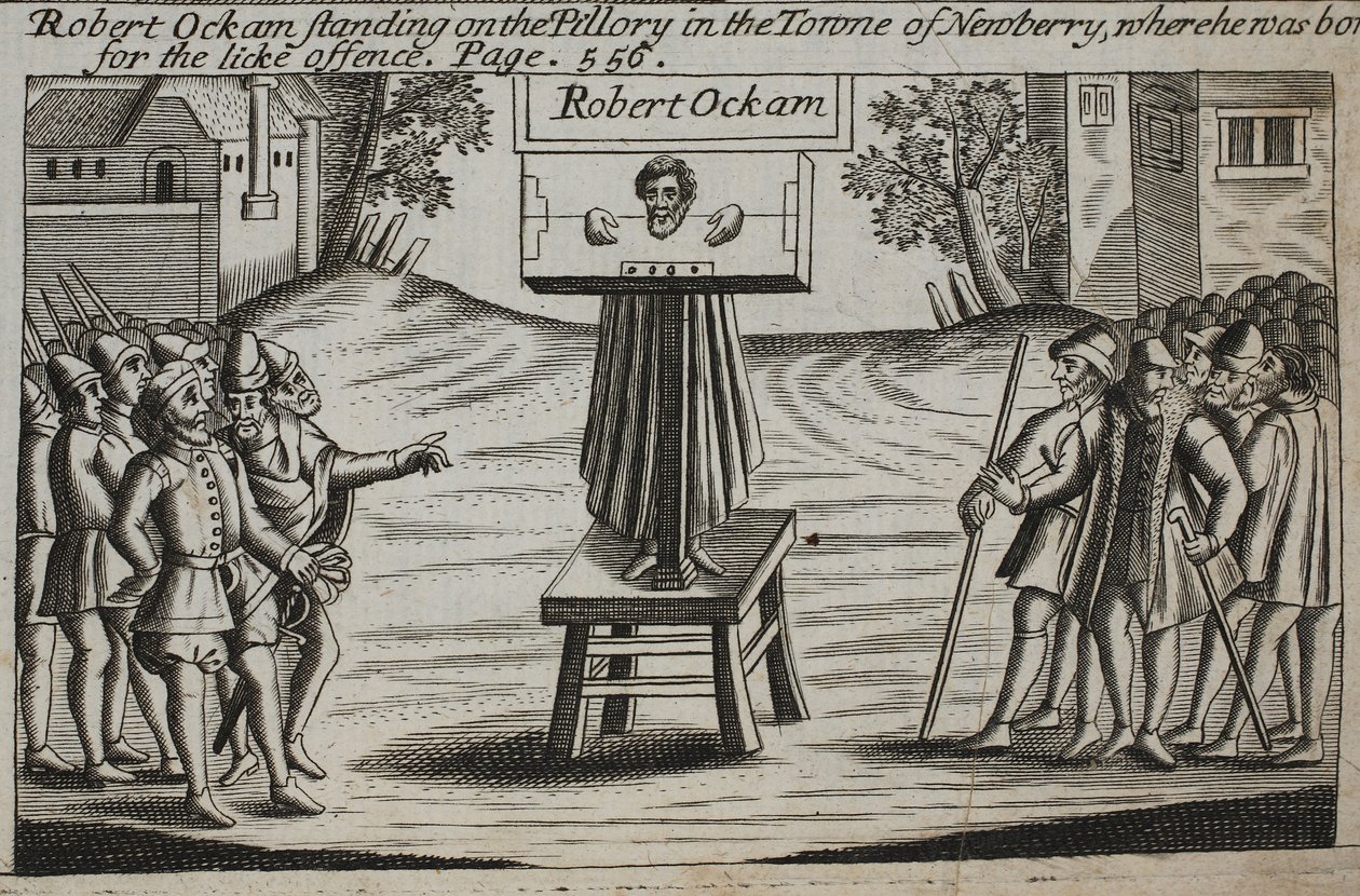 Robert Ockam stående på søjlen i byen Newberry, hvor han blev født, illustration fra Acts and Monuments af John Foxe, niende udgave, pub. 1684 af English School
