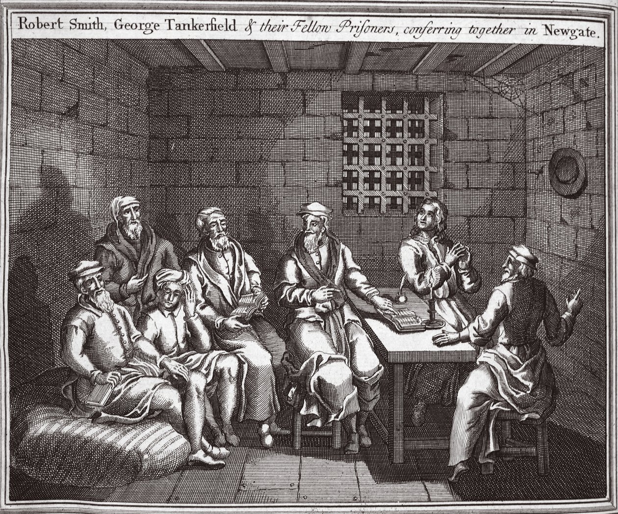 Robert Smith, George Tankerfield og deres medfanger, konfererer sammen i Newgate, illustration fra Foxes Martyrs c.1703 af English School