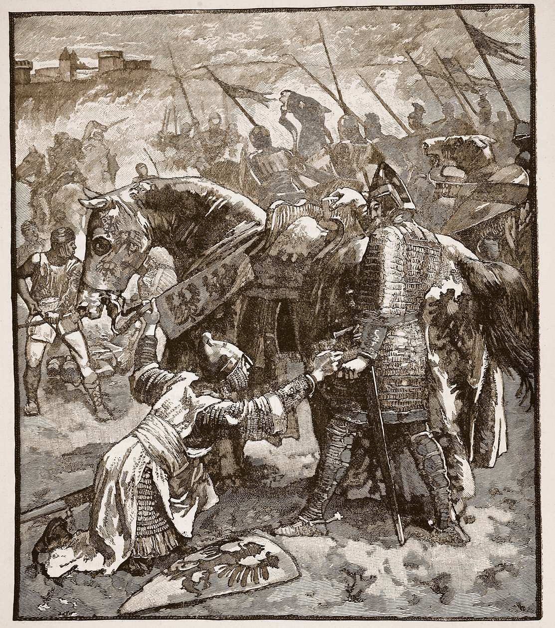 Robert beder sin far om undskyldning, illustration fra Cassells Illustrated History of England (sepiafoto) af English School