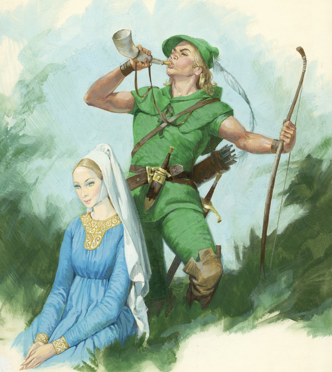 Robin Hood blæser i et horn (gouache på papir) af English School