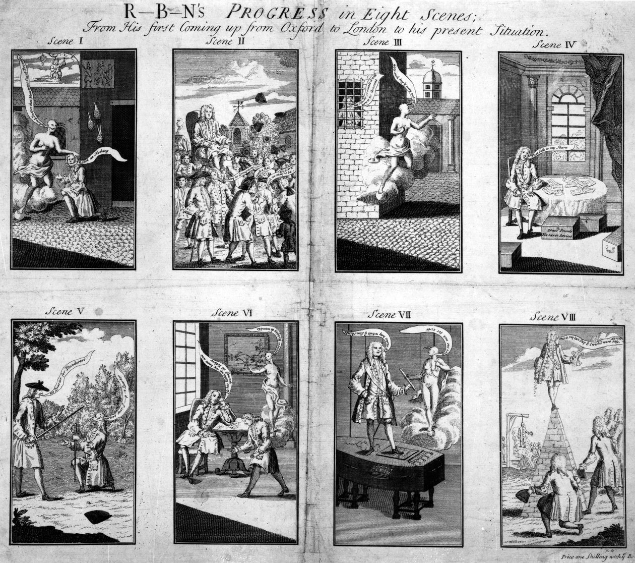 Robins Fremskridt i otte scener, fra hans første ankomst fra Oxford til London til hans nuværende situation, 1733 af English School