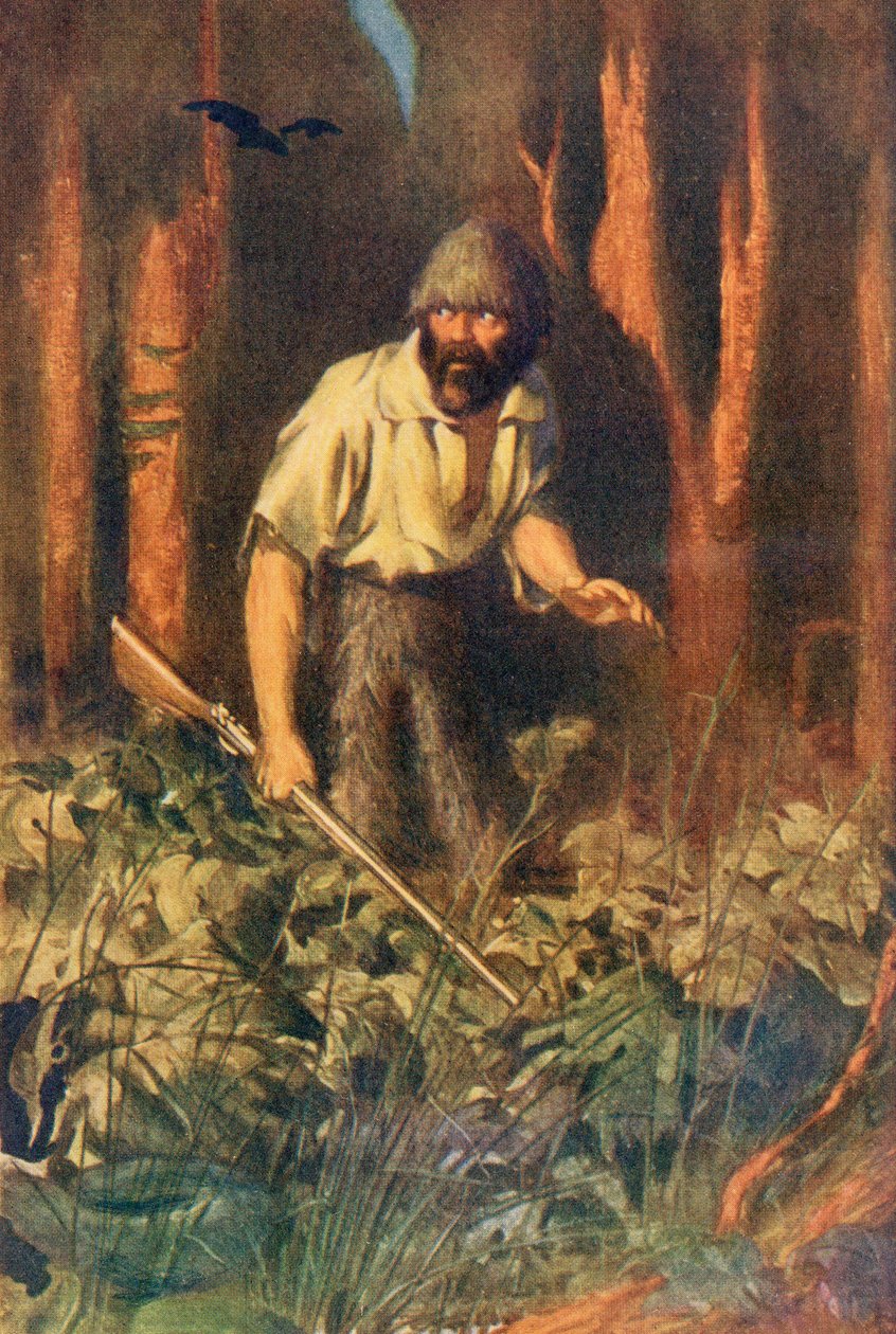 Robinson Crusoe alene på øen, illustration fra 
