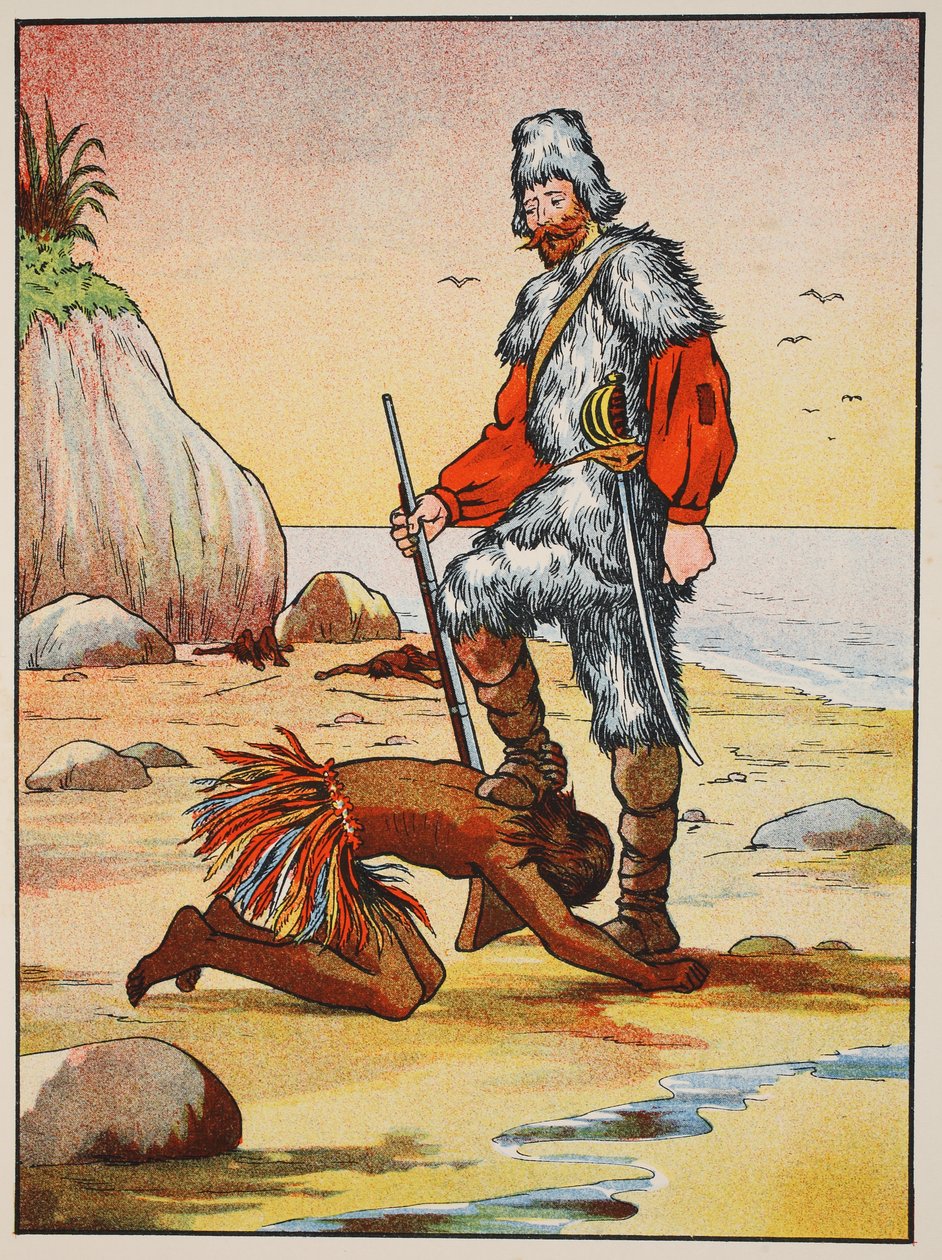 Robinson Crusoe og Friday, illustration fra The Story of Robinson Crusoe: En tilpasning for børn efter Defoes sprog, pub. af Griffith Farran Browne & Co. Limited, London af English School