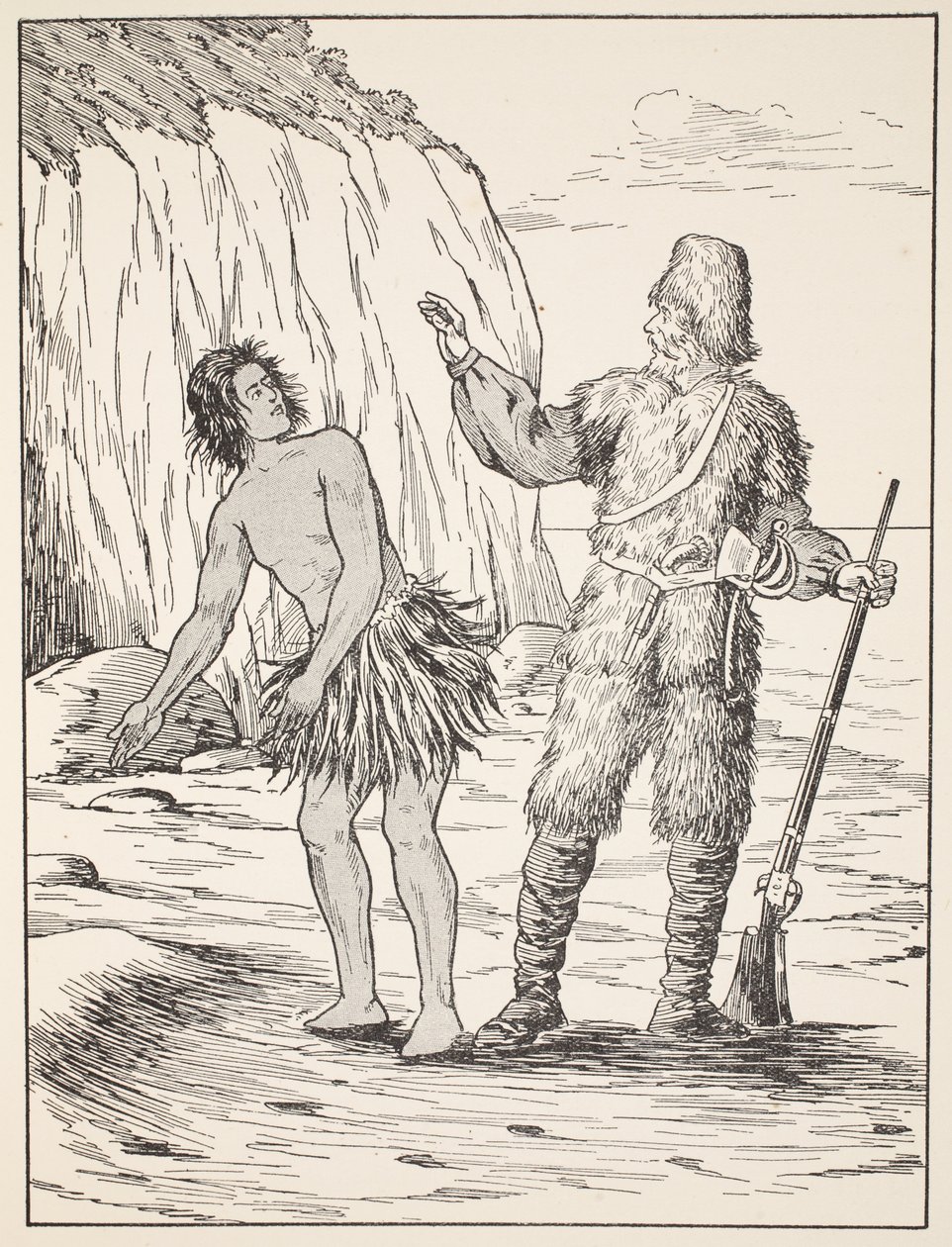 Robinson Crusoe og Friday, illustration fra The Story of Robinson Crusoe: En tilpasning for børn efter Defoes sprog, pub. af Griffith Farran Browne & Co. Limited, London af English School