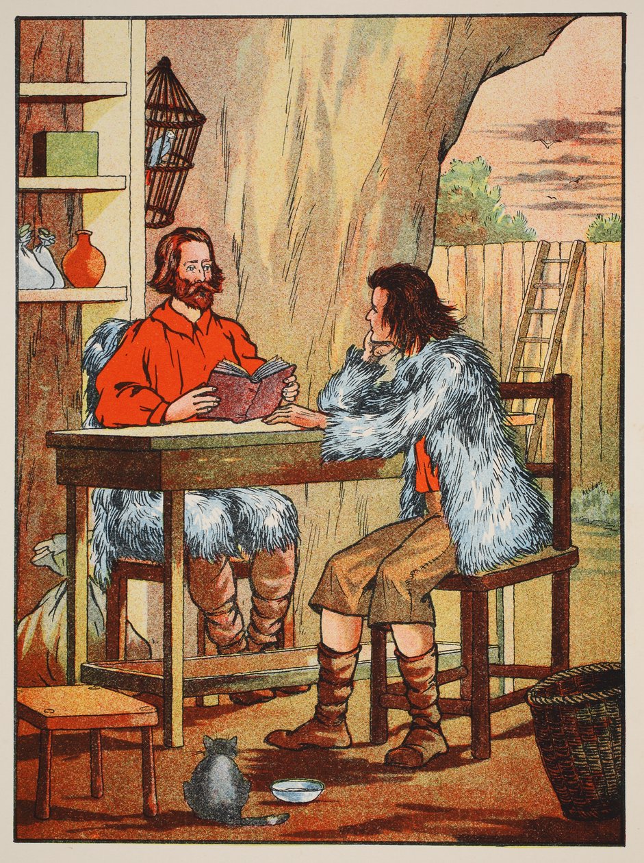 Robinson Crusoe og Friday, illustration fra The Story of Robinson Crusoe: En tilpasning for børn efter Defoes sprog, pub. af Griffith Farran Browne & Co. Limited, London af English School