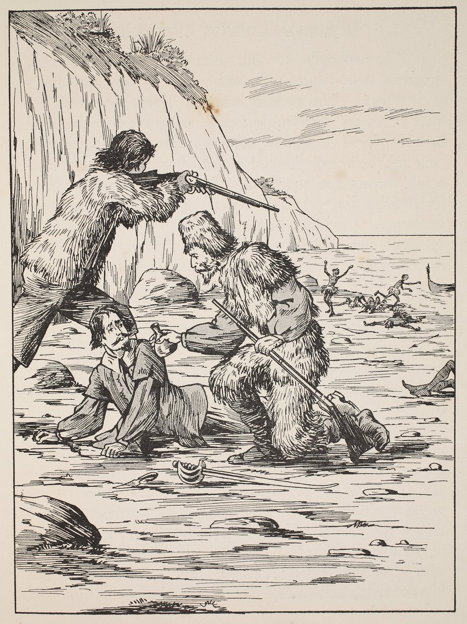 Robinson Crusoe og Friday, der redder spanieren, illustration fra The Story of Robinson Crusoe: En tilpasning for børn efter Defoes sprog, pub. af Griffith Farran Browne & Co. Limited, Lo af English School
