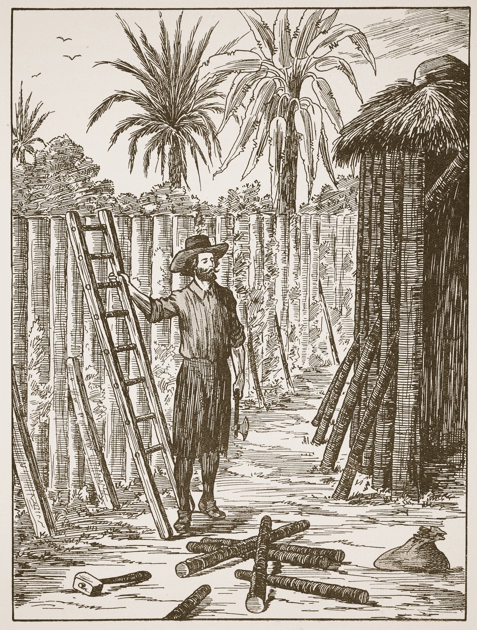 Robinson Crusoe bygger sin bower, illustration fra The Story of Robinson Crusoe: En tilpasning for børn efter Defoes sprog, pub. af Griffith Farran Browne & Co. Limited, London af English School