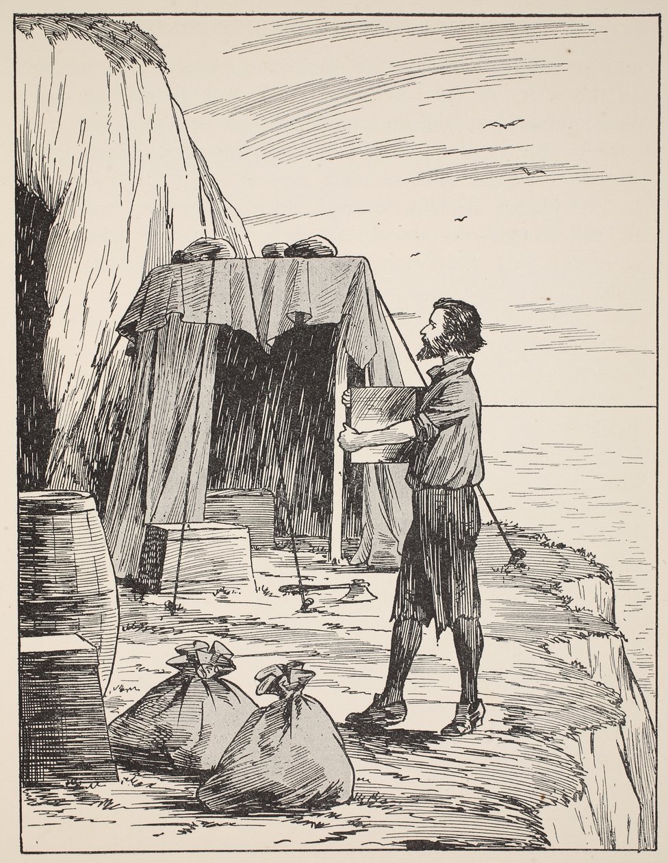 Robinson Crusoe bygger sit husly, illustration fra The Story of Robinson Crusoe: En tilpasning for børn efter Defoes sprog, pub. af Griffith Farran Browne & Co. Limited, London af English School