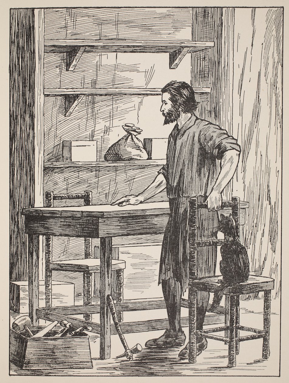 Robinson Crusoe bygger bord og stole til sin hule, illustration fra The Story of Robinson Crusoe: An adaptation for children following Defoes language, pub. af Griffith Farran Browne & Co. Limit af English School