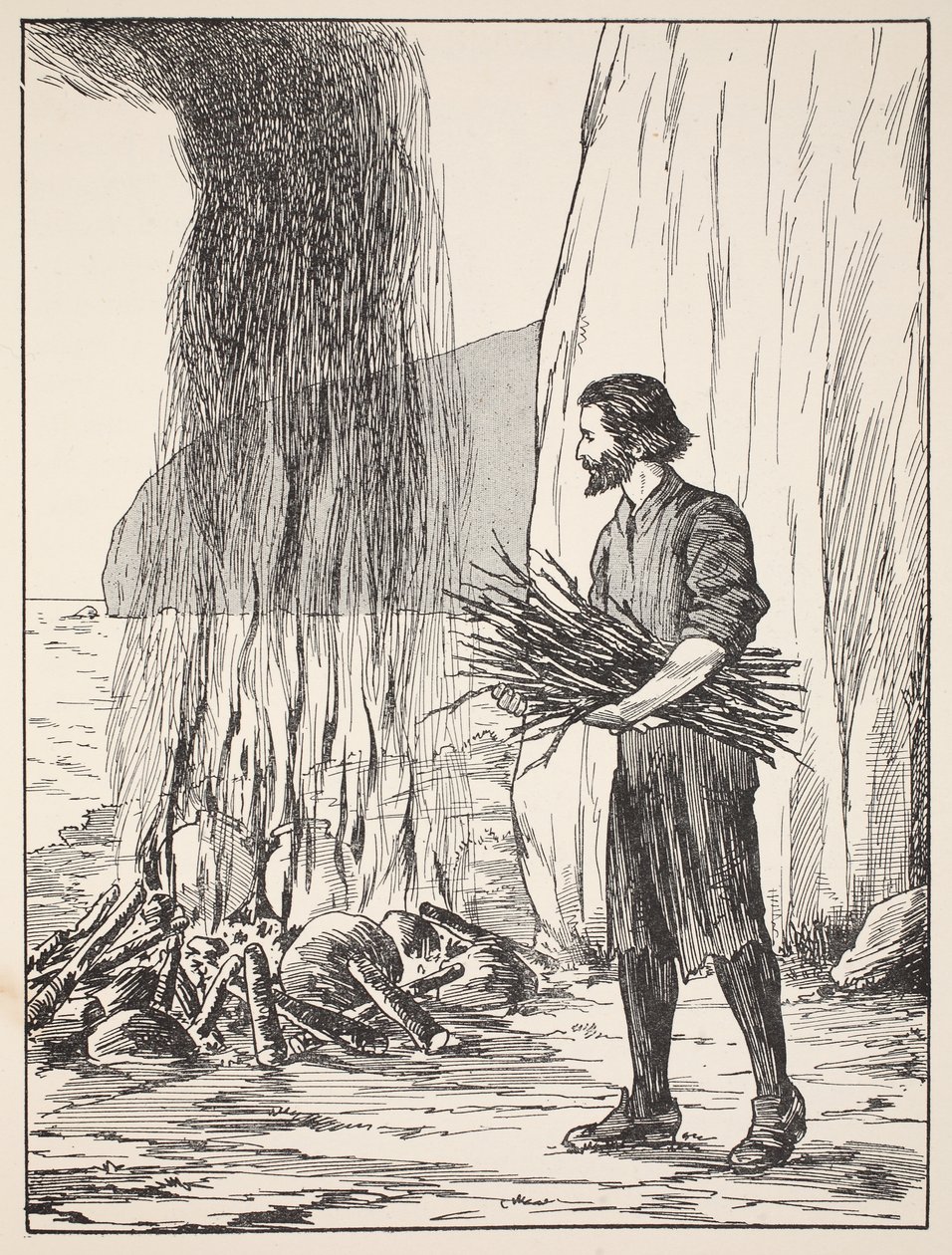 Robinson Crusoe madlavning, illustration fra The Story of Robinson Crusoe: En tilpasning for børn efter Defoes sprog, pub. af Griffith Farran Browne & Co. Limited, London af English School
