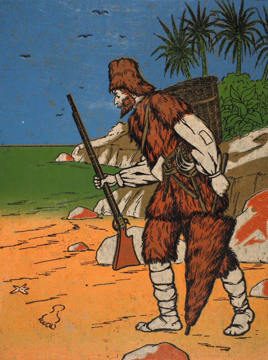 Robinson Crusoe, illustration fra The Story of Robinson Crusoe: En tilpasning for børn efter Defoes sprog, pub. af Griffith Farran Browne & Co. Limited, London af English School