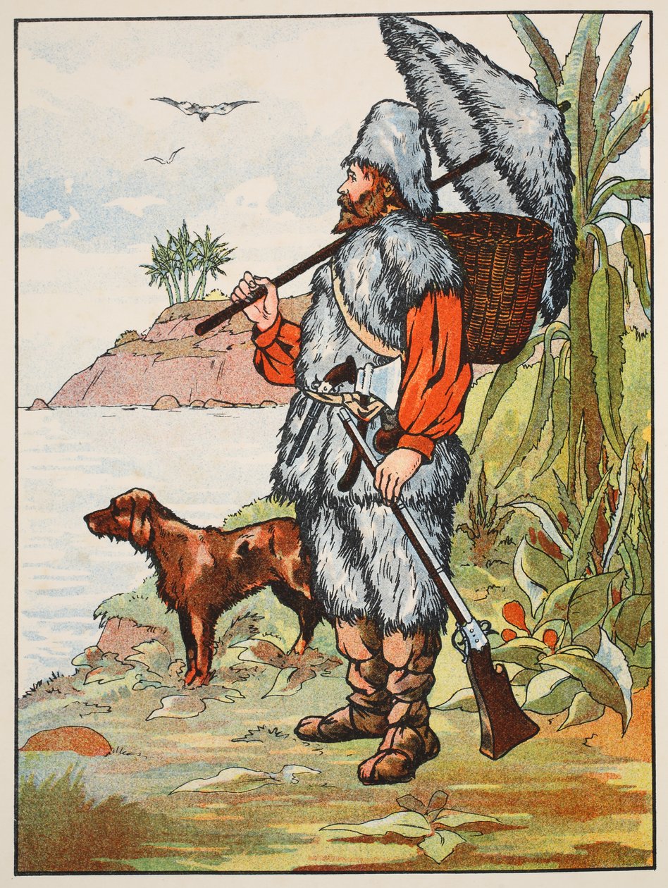 Robinson Crusoe, illustration fra The Story of Robinson Crusoe: En tilpasning for børn efter Defoes sprog, pub. af Griffith Farran Browne & Co. Limited, London af English School