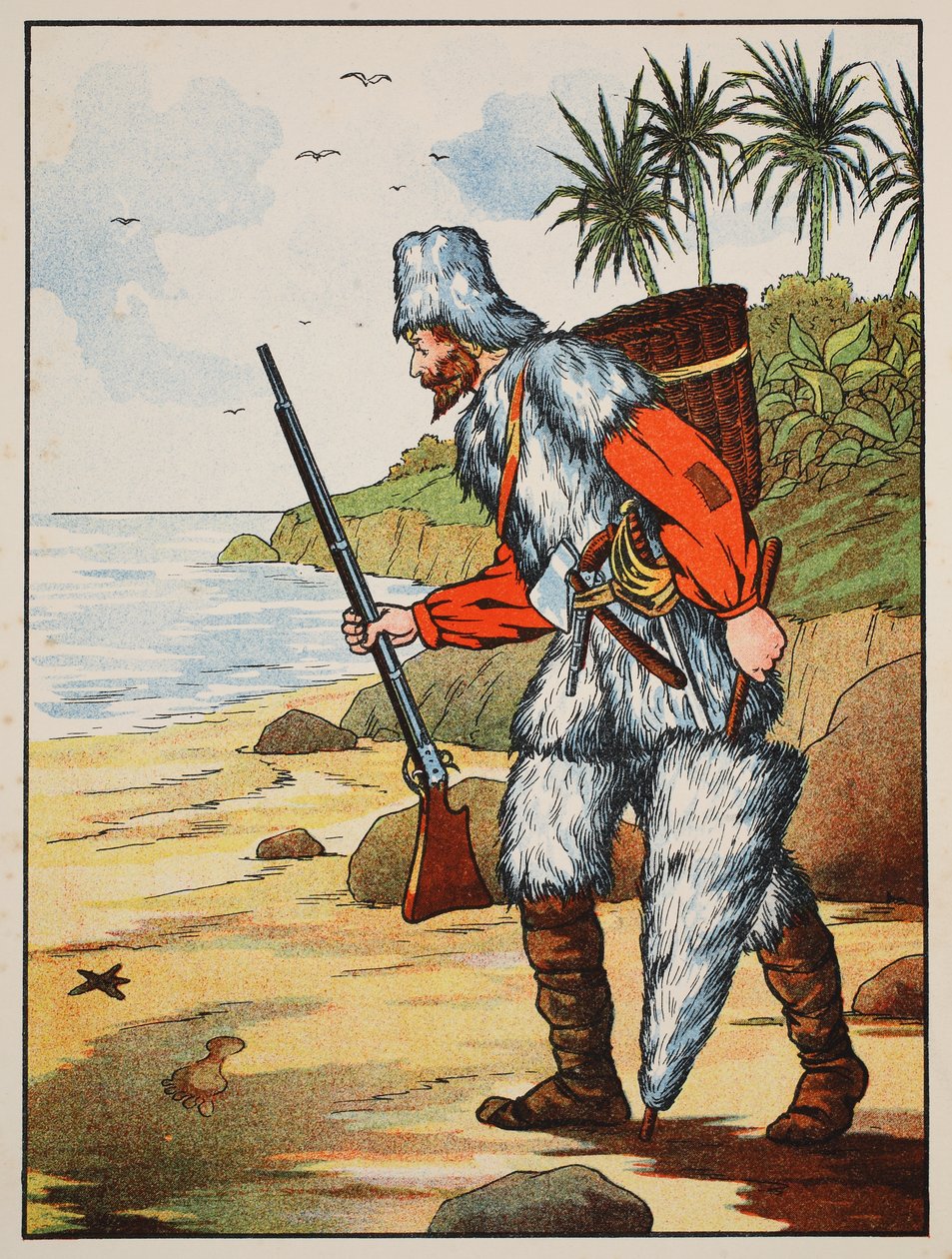 Robinson Crusoe, illustration fra The Story of Robinson Crusoe: En tilpasning for børn efter Defoes sprog, pub. af Griffith Farran Browne & Co. Limited, London af English School