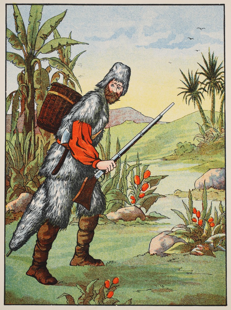 Robinson Crusoe, illustration fra The Story of Robinson Crusoe: En tilpasning for børn efter Defoes sprog, pub. af Griffith Farran Browne & Co. Limited, London af English School