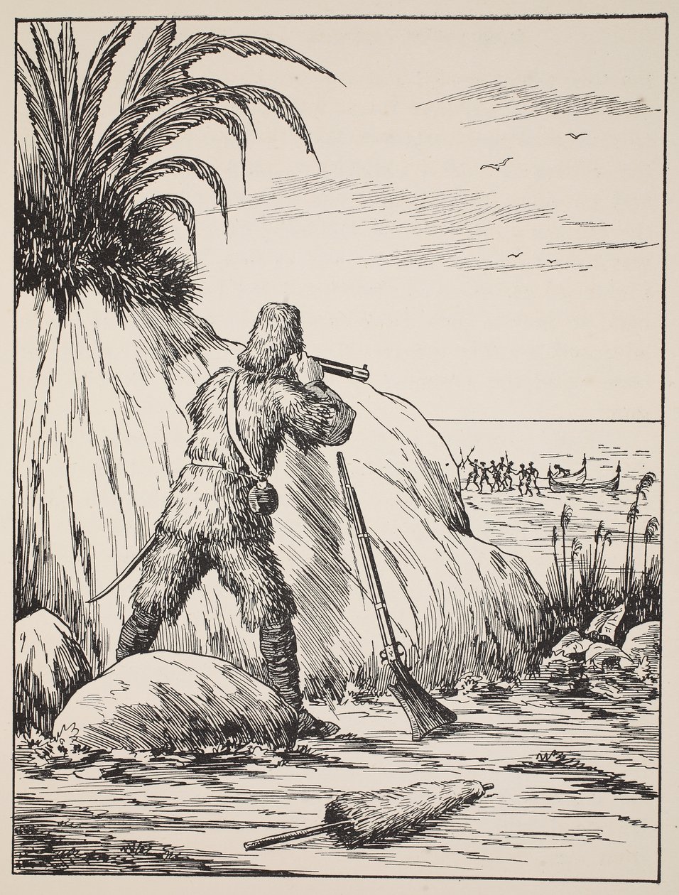Robinson Crusoe, illustration fra The Story of Robinson Crusoe: En tilpasning for børn efter Defoes sprog, pub. af Griffith Farran Browne & Co. Limited, London af English School
