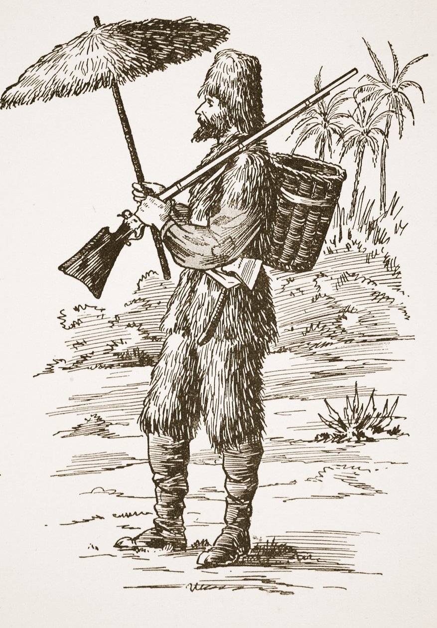 Robinson Crusoe, illustration fra The Story of Robinson Crusoe: En tilpasning for børn efter Defoes sprog, pub. af Griffith Farran Browne & Co. Limited, London af English School