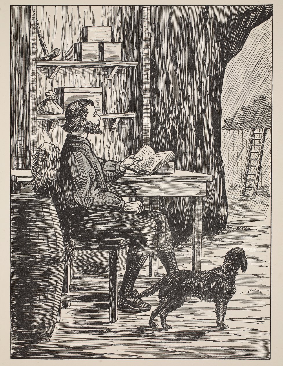Robinson Crusoe i sin hule, illustration fra The Story of Robinson Crusoe: An adaptation for children following Defoes language, pub. af Griffith Farran Browne & Co. Limited, London af English School