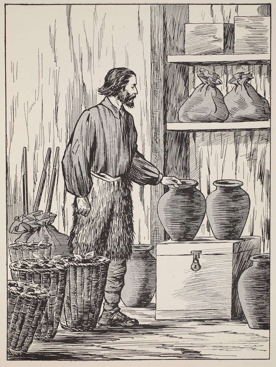Robinson Crusoe i sit lagerrum, illustration fra The Story of Robinson Crusoe: En tilpasning for børn efter Defoes sprog, pub. af Griffith Farran Browne & Co. Limited, London af English School