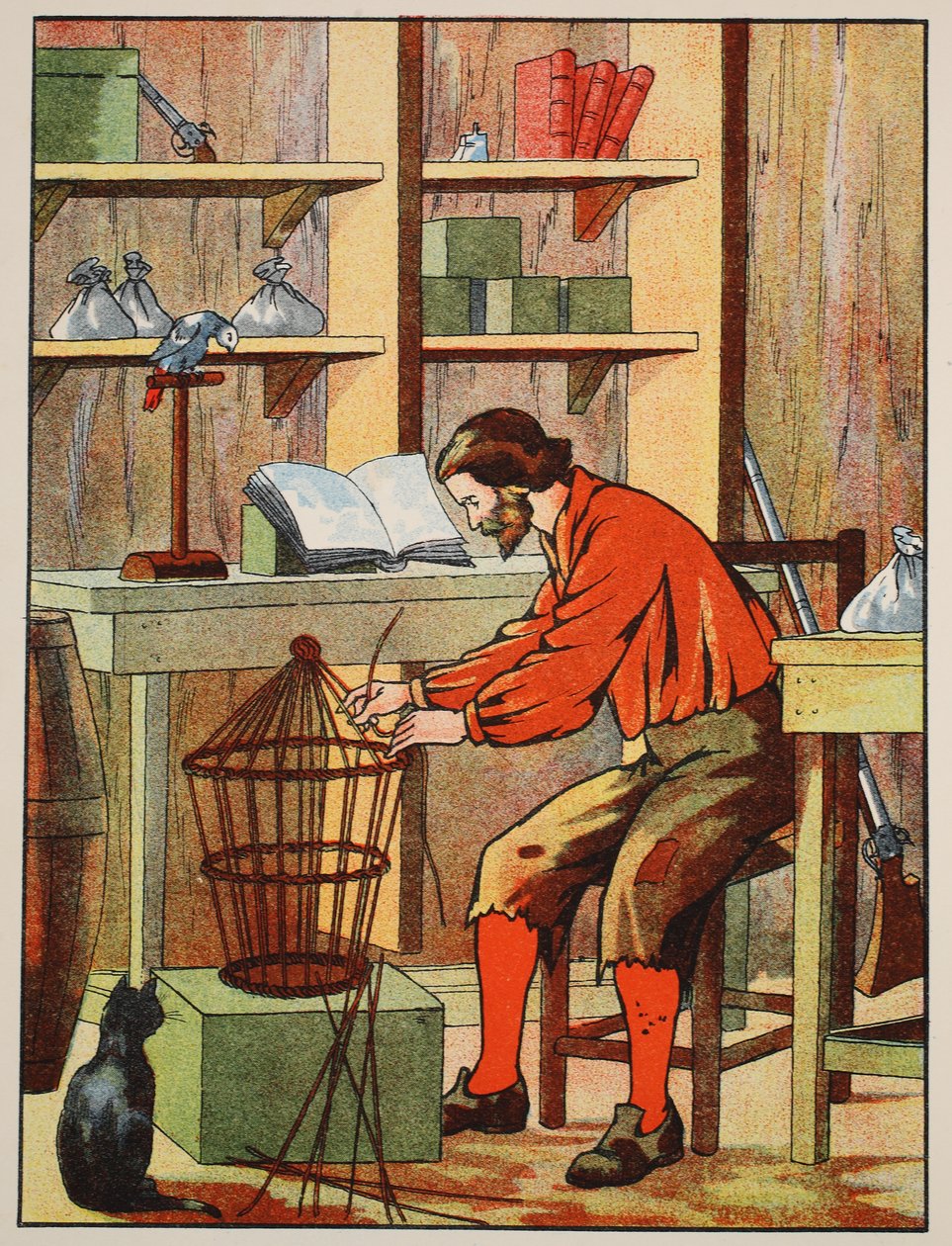 Robinson Crusoe laver et bur til sin papegøje, illustration fra The Story of Robinson Crusoe: En tilpasning for børn efter Defoes sprog, pub. af Griffith Farran Browne & Co. Limited, London af English School