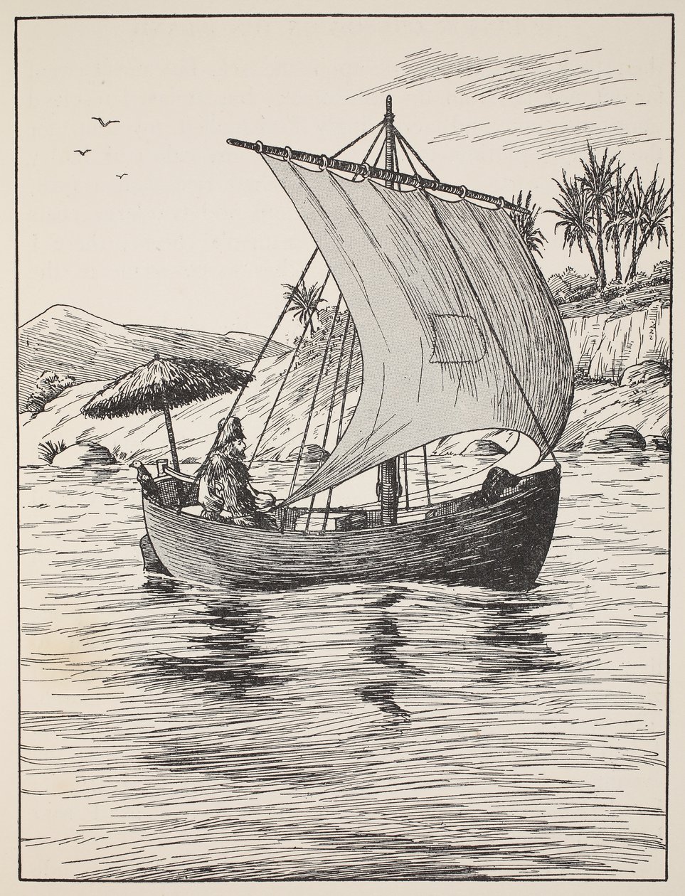 Robinson Crusoe på sin båd, illustration fra The Story of Robinson Crusoe: En tilpasning for børn efter Defoes sprog, pub. af Griffith Farran Browne & Co. Limited, London af English School