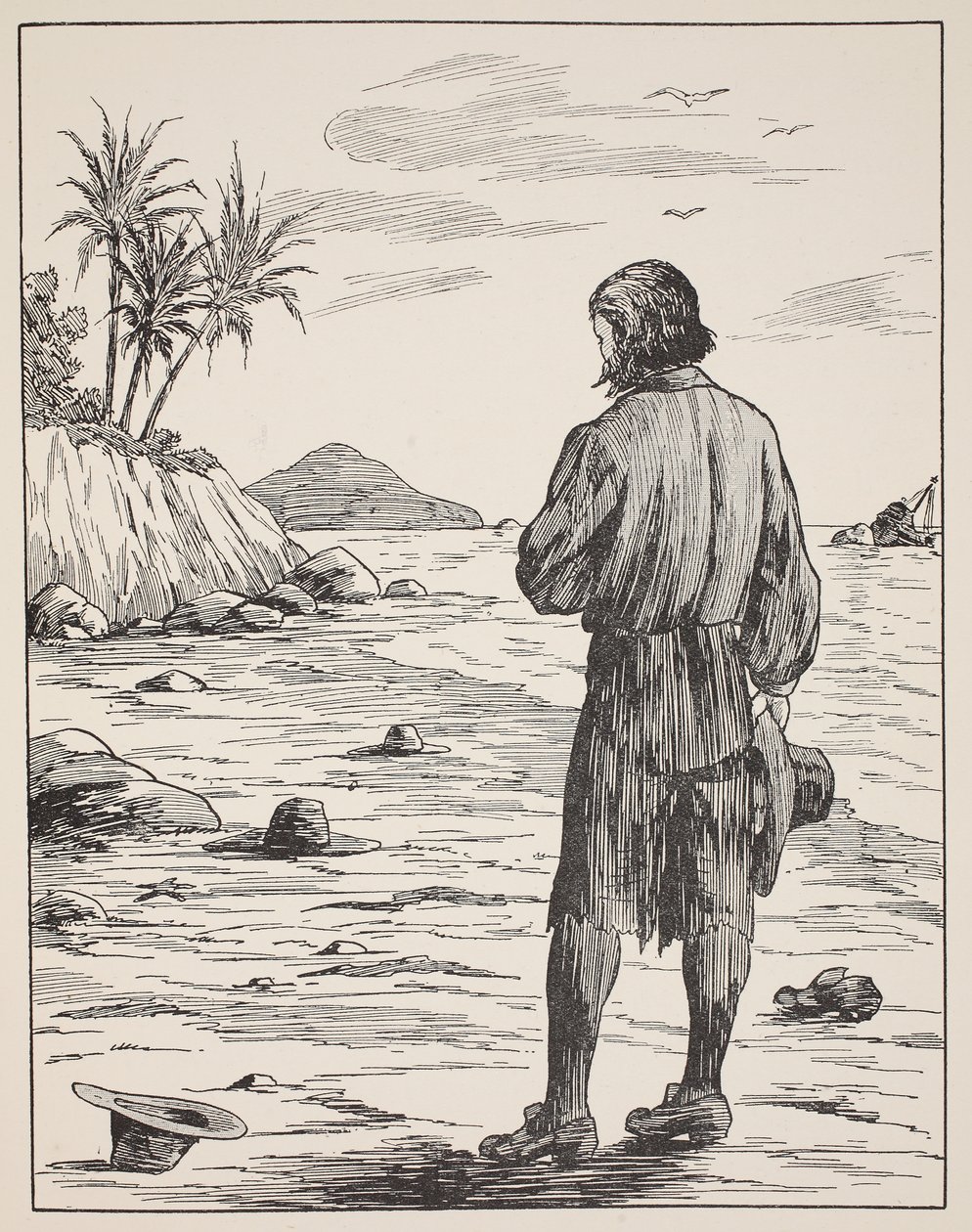 Robinson Crusoe på sin ø, illustration fra The Story of Robinson Crusoe: An adaptation for children following Defoes language, pub. af Griffith Farran Browne & Co. Limited, London af English School