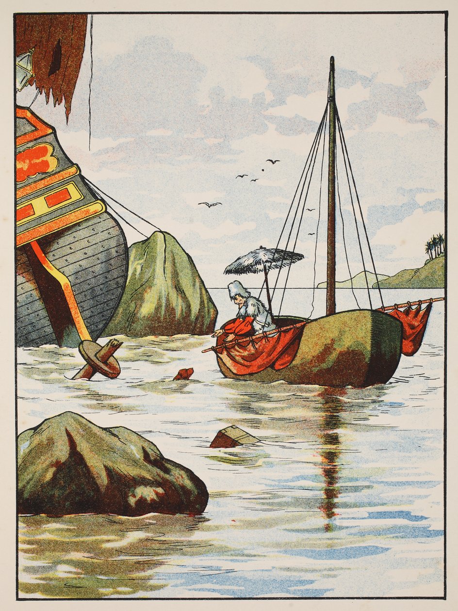 Robinson Crusoe redder en hund fra et spansk skibsvrag, illustration fra The Story of Robinson Crusoe: En tilpasning for børn efter Defoes sprog, pub. af Griffith Farran Browne & Co. Limi af English School