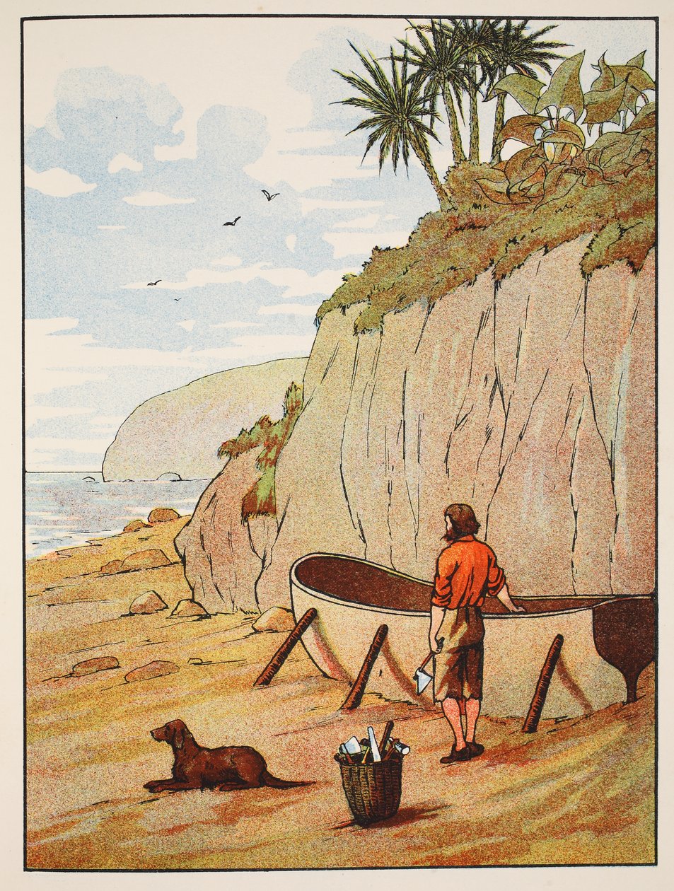 Robinson Crusoes kano, illustration fra The Story of Robinson Crusoe: En tilpasning for børn efter Defoes sprog, pub. af Griffith Farran Browne & Co. Limited, London af English School