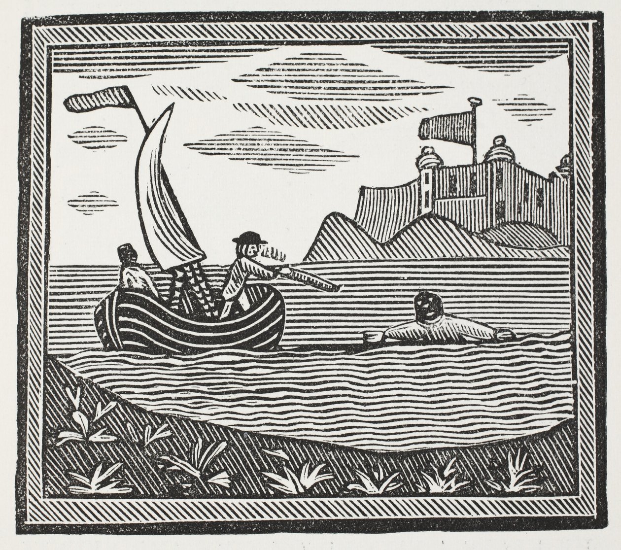 Robinson og Xury flygter fra heden, illustration fra Chap-books of the Eighteenth Century af John Ashton, pub. 1882 af English School