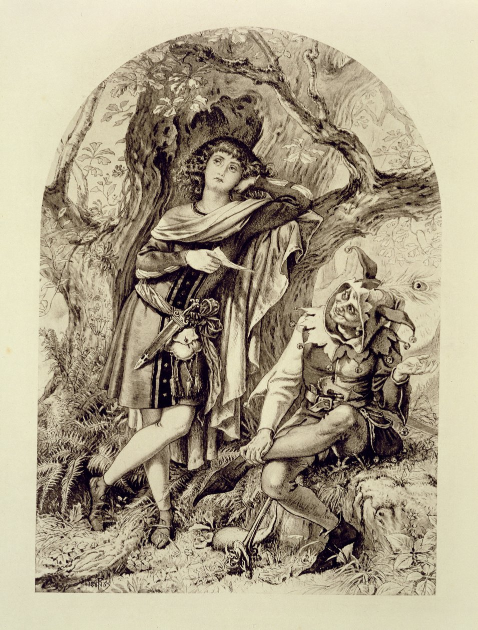 Rosalind og Touchstone, Act III Scene 2, i As You Like It, af William Shakespeare (1564-1616) af English School