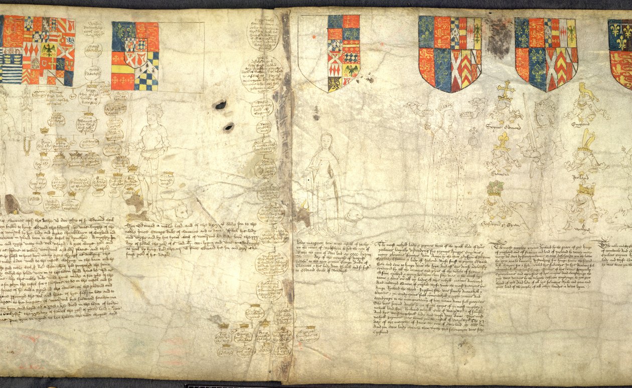 Rous Roll, f. 7cr: Venstre mod højre: Edward, jarl af Warwick (søn af George, hertug af Clarence); Margaret (datter af George, hertug af Clarence); Anne Neville (datter af Richard Neville og kone til Richard III); Richard III (vellum) af English School