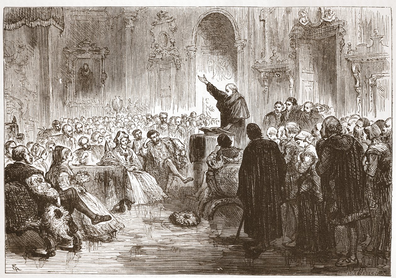 Roussel prædiker i Louvre, illustration fra The History of Protestantism af James Aitken Wylie (1808-1890), pub. 1878 af English School