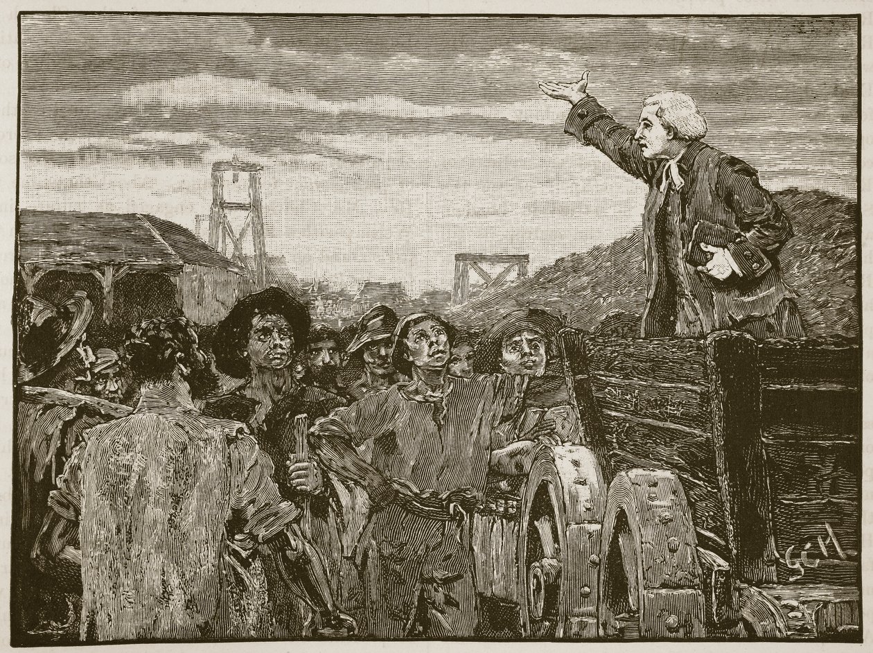 Rowland Hill prædiker for collierne i Kingswood, illustration fra Cassells Illustrated History of England (sepia-foto) af English School