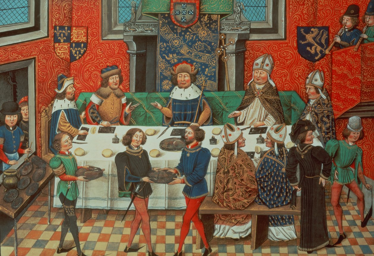 Roy 14 E IV f.244v Duke of Lancaster spiser middag med kongen af Portugal, fra Vol. III "Fra Richard II