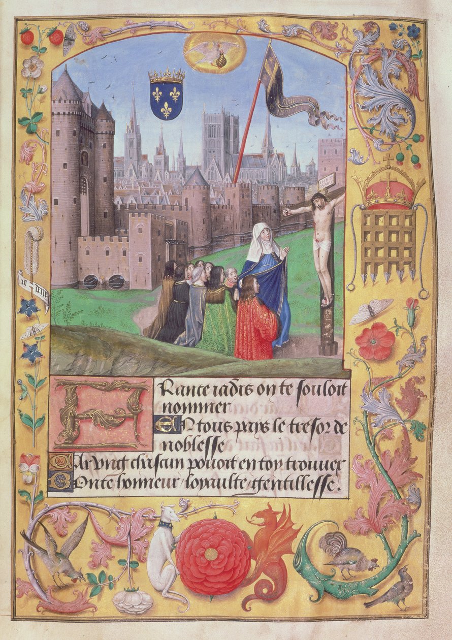 Roy 16 F II f.89 Notre Dame, Paris, der viser armene indfoldede, Jomfruen nedenfor beskytter ni skikkelser, der knæler før korsfæstelsen, fra digte af Charles, hertug af Orleans, ca. 1500 (vellum) af English School