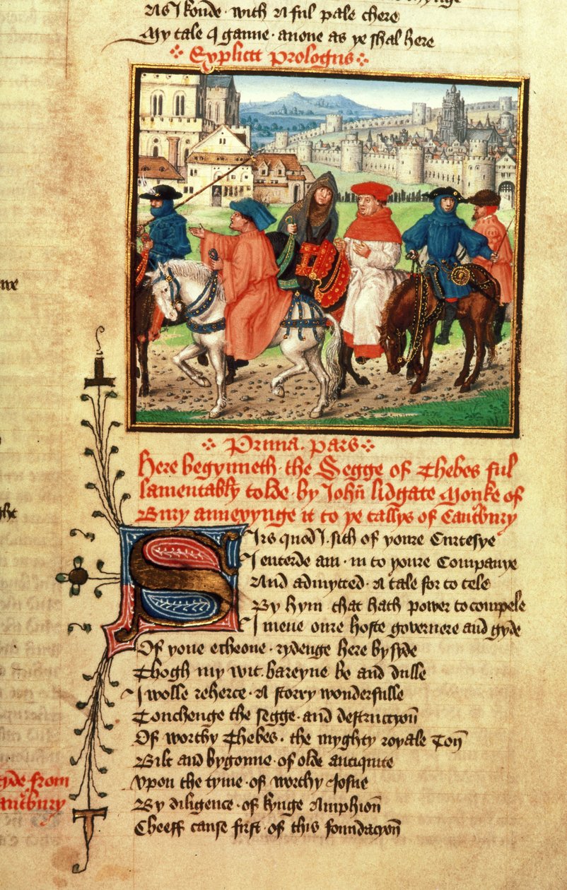 Roy 18 D 11 f.148 Lydgate and the Canterbury Pilgrims forlader Canterbury fra `Troy Book and the Siege of Thebes