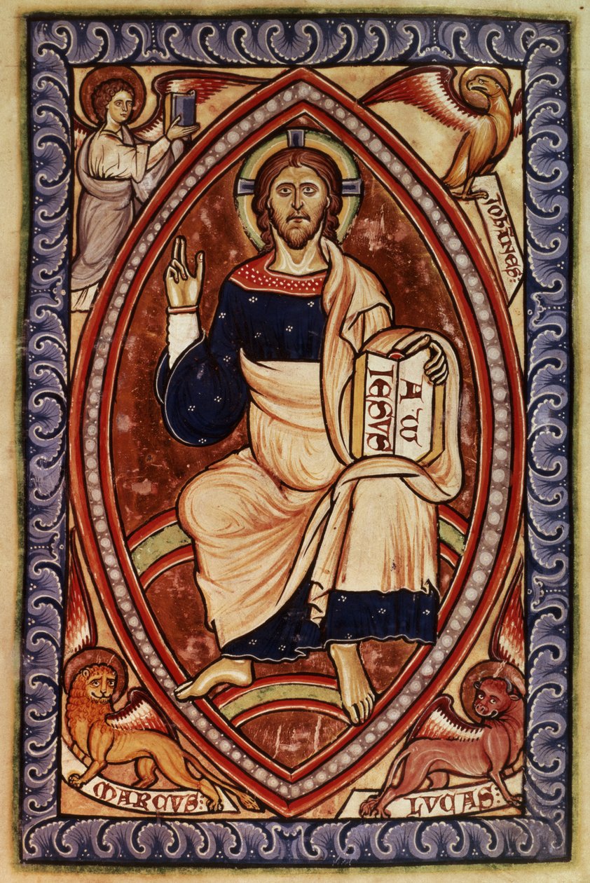 Roy 2 A XXII f.14 Kristus i majestæt med symboler for evangelisterne, fra Westminster Psalter, ca. 1250 (vellum) af English School