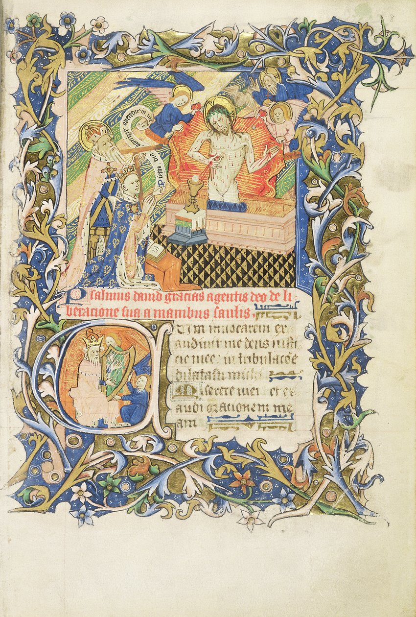 Roy 2 B I f.8 Kronet skikkelse støttet af en gråskægget helgen, der knæler foran et billede af Pity, fra Salteren af Humphrey Duke of Gloucester, ca. 1420-30 (vellum) af English School
