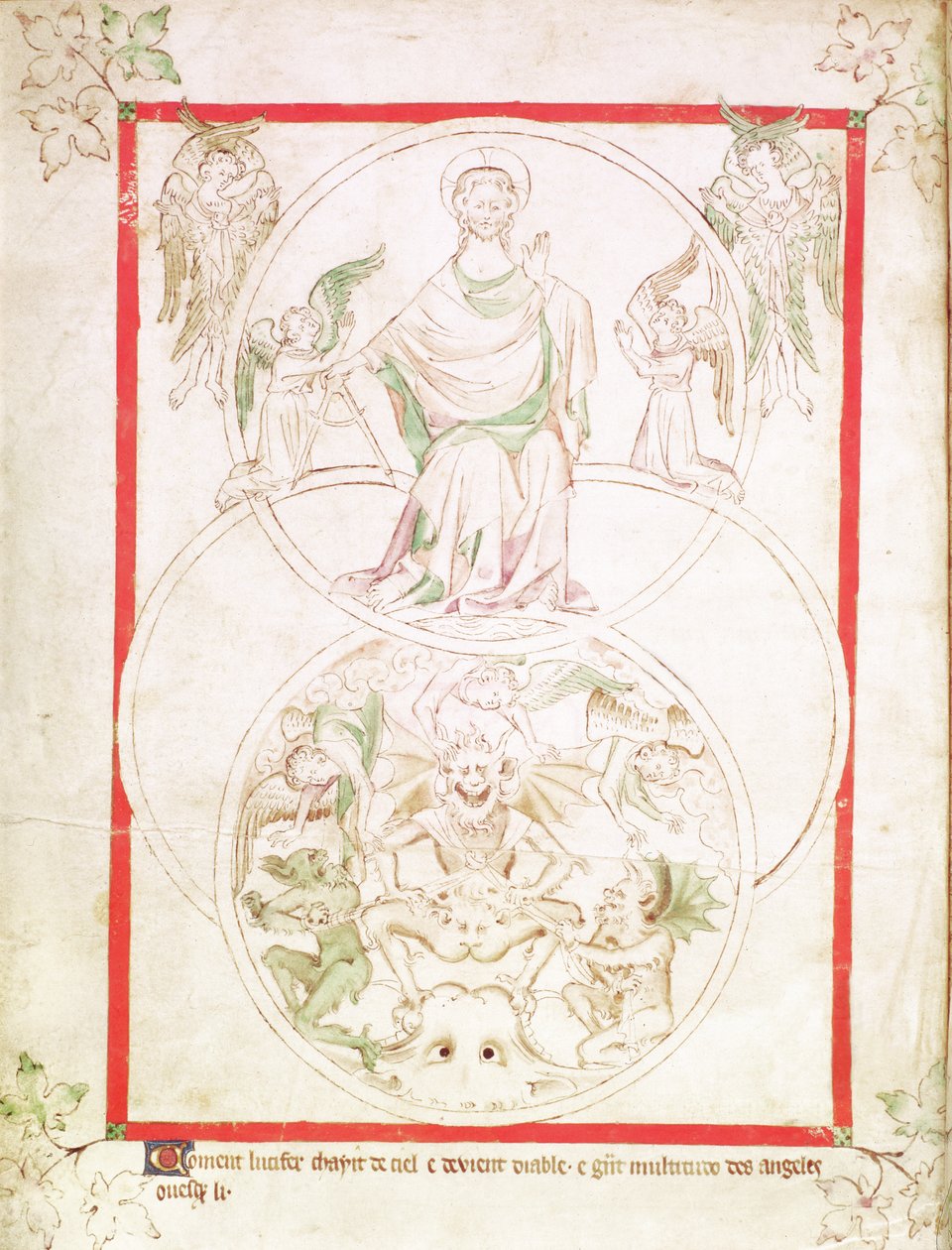Roy 2 B VII f.1v Lucifers fald, fra Queen Mary Psalter, c.1310-20 (vellum) af English School
