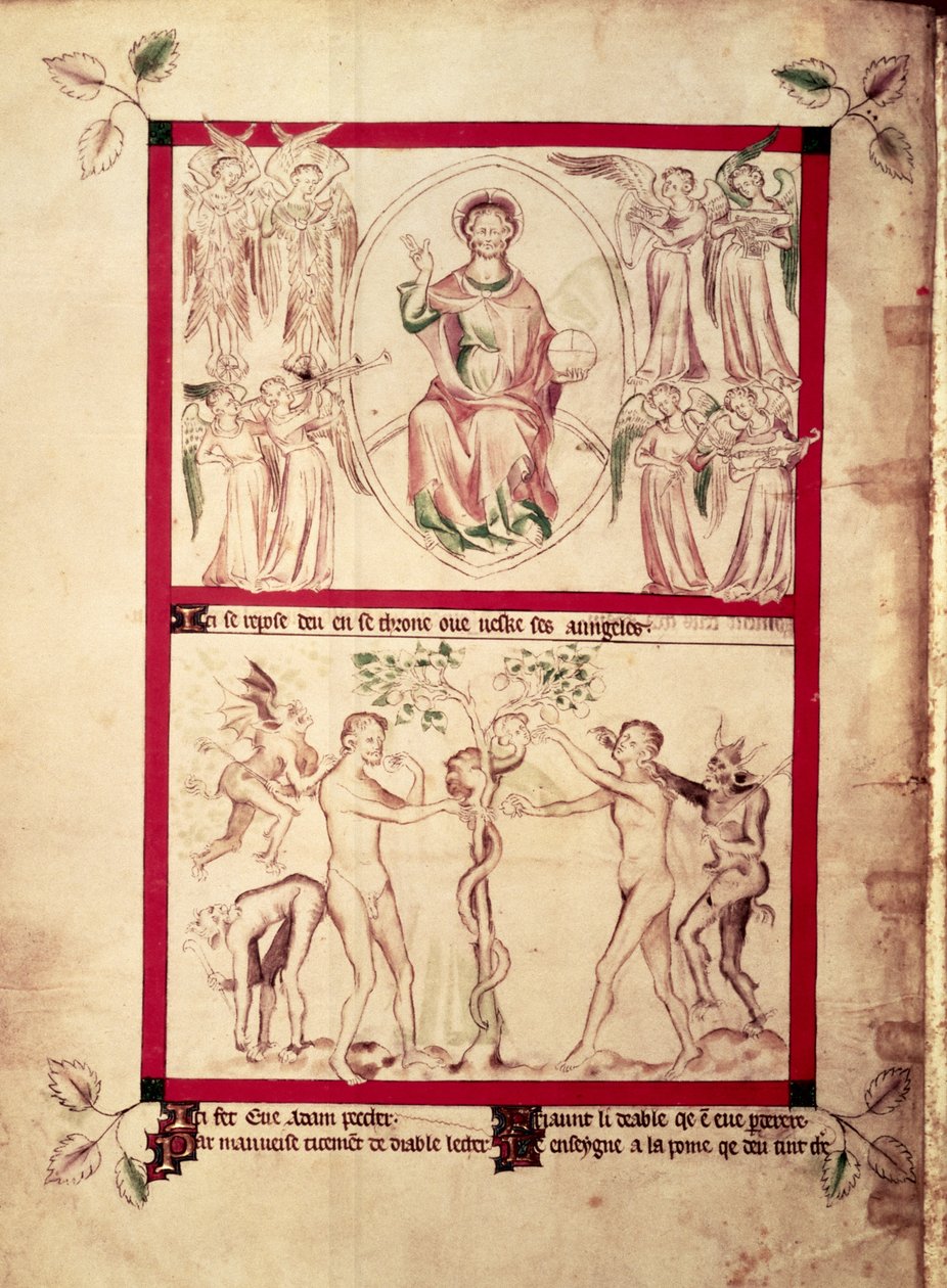 Roy 2 B VII f.3v Gud i en mandorla omgivet af musikengle, Evans fristelse, fra Queen Mary Psalter, c.1310-20 (vellum) af English School