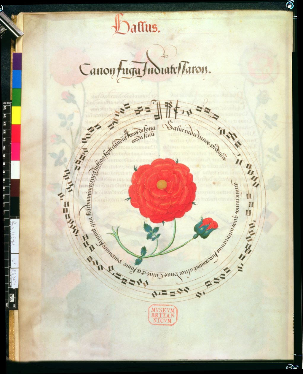 Roy II E XI f.2v Canon, med cirkulære stave og rose i midten, fra motetter af Richard Sampson (vellum) af English School