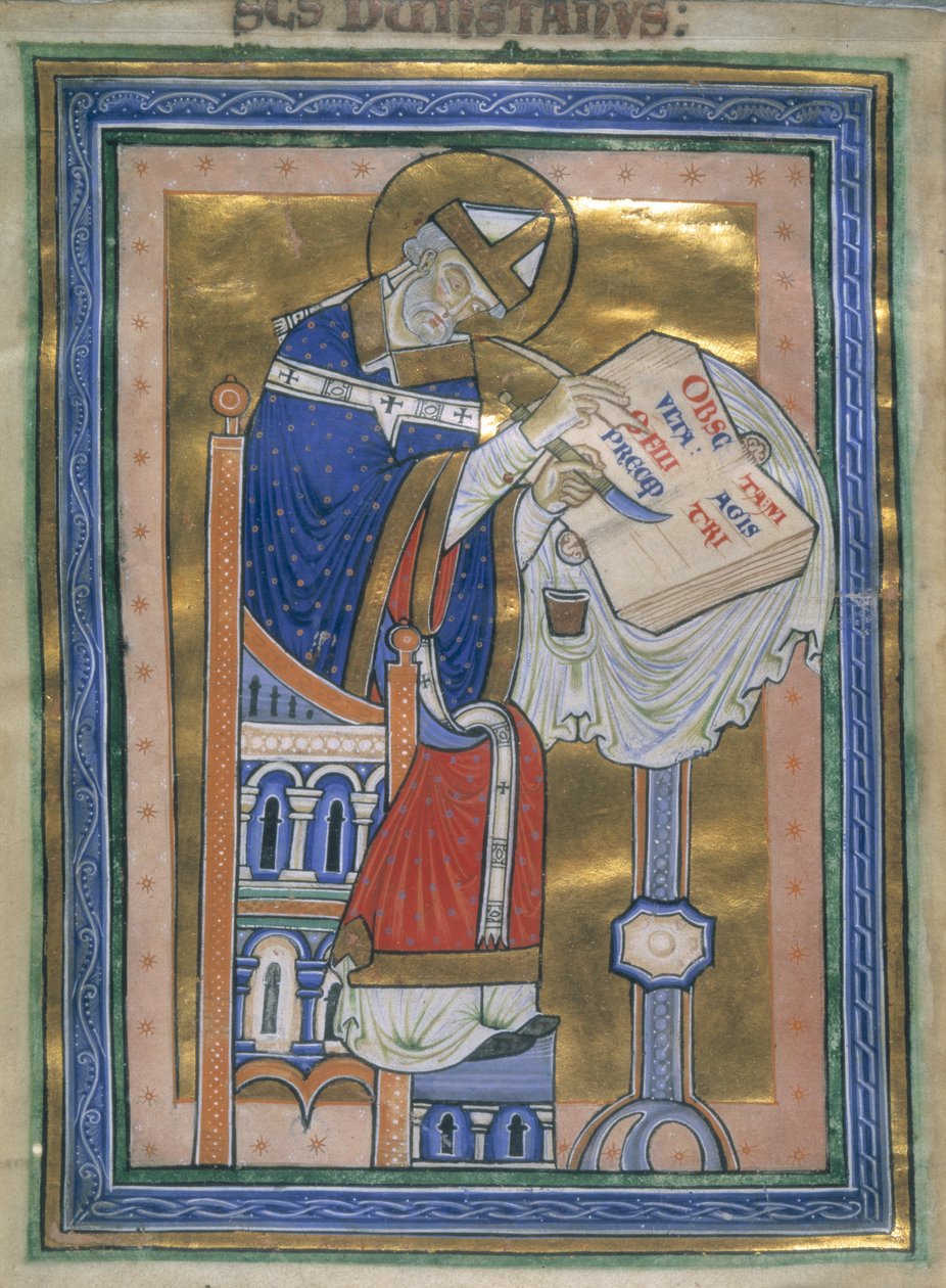 Royal 10 A. XIII, f.2v Dunstan skriver Benediktinerregel, illustration fra 