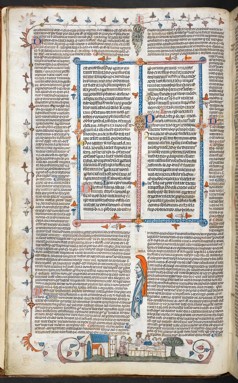Royal 10 E. IV, f.250v Tekst med randdekor og en King Dining, illustration fra 