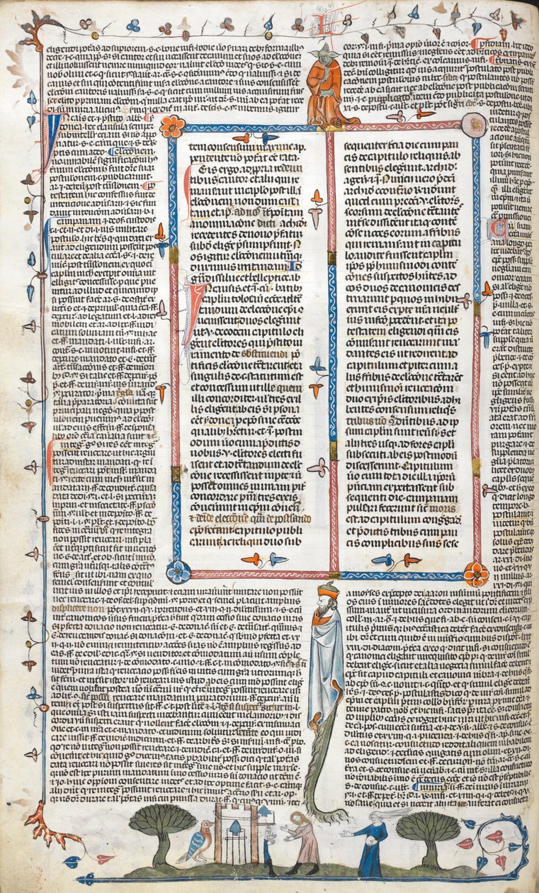 Royal 10 E. IV, f.30v, Tekst og bas-de-page scene af en mand og en kvinde uden for en bygning, fra 