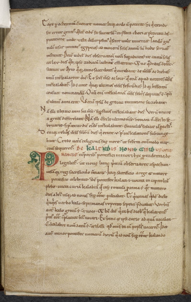 Royal 13. A.XI, f.47vInitial P.De temporum ratione.Bede den Ærværdige.Diverse af værker om computus og astronomi.11. århundrede-12. århundrede af English School