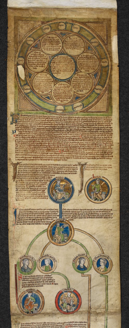 Royal 14 B. VI, Membran 1, The Heptarchy and the Royal Genealogy, from Egbert to Alfred, illustration fra 