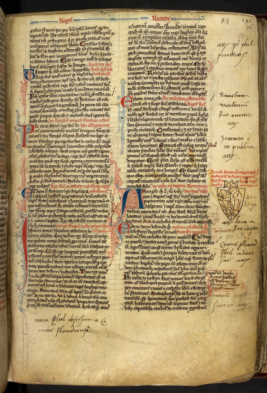 Royal 14 C.VII ff.86v Borddekoration med Richard Løvehjertes våbenskjold, illustration fra 