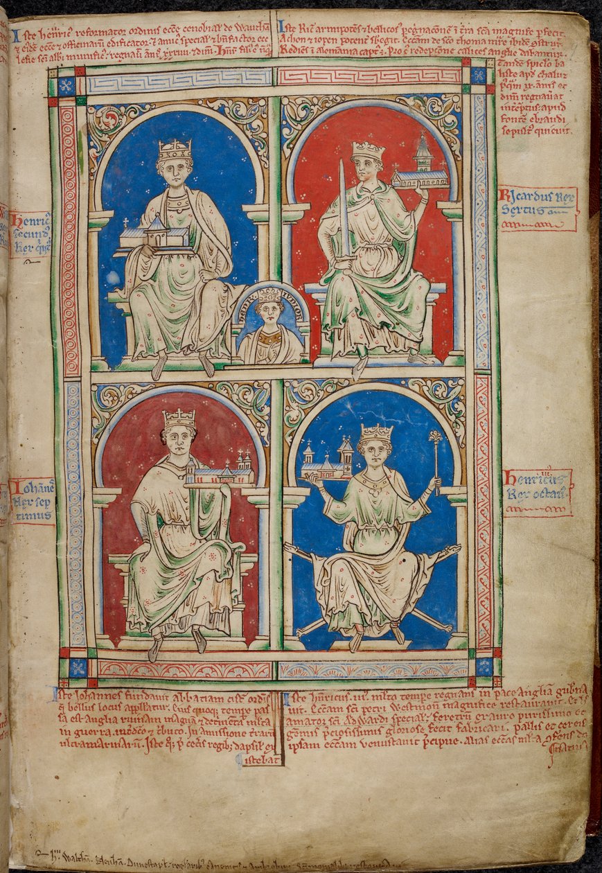 Royal 14 C. VII, f.9 Fire Kings of England: Henry II, Richard I, John and Henry III with Westminster Abbey, fra 