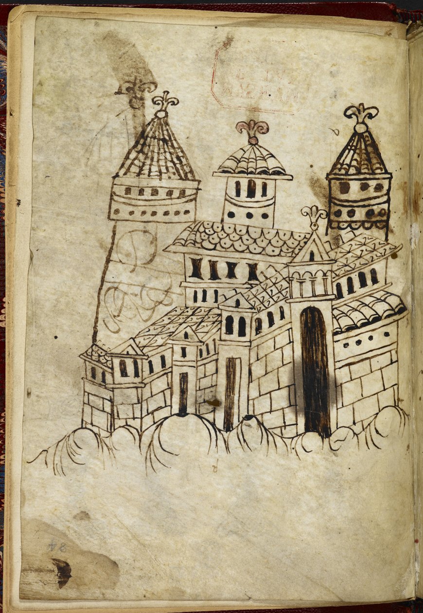 Royal 15 A. XVI romansk bygning med tre tårne (blæk på vellum) af English School