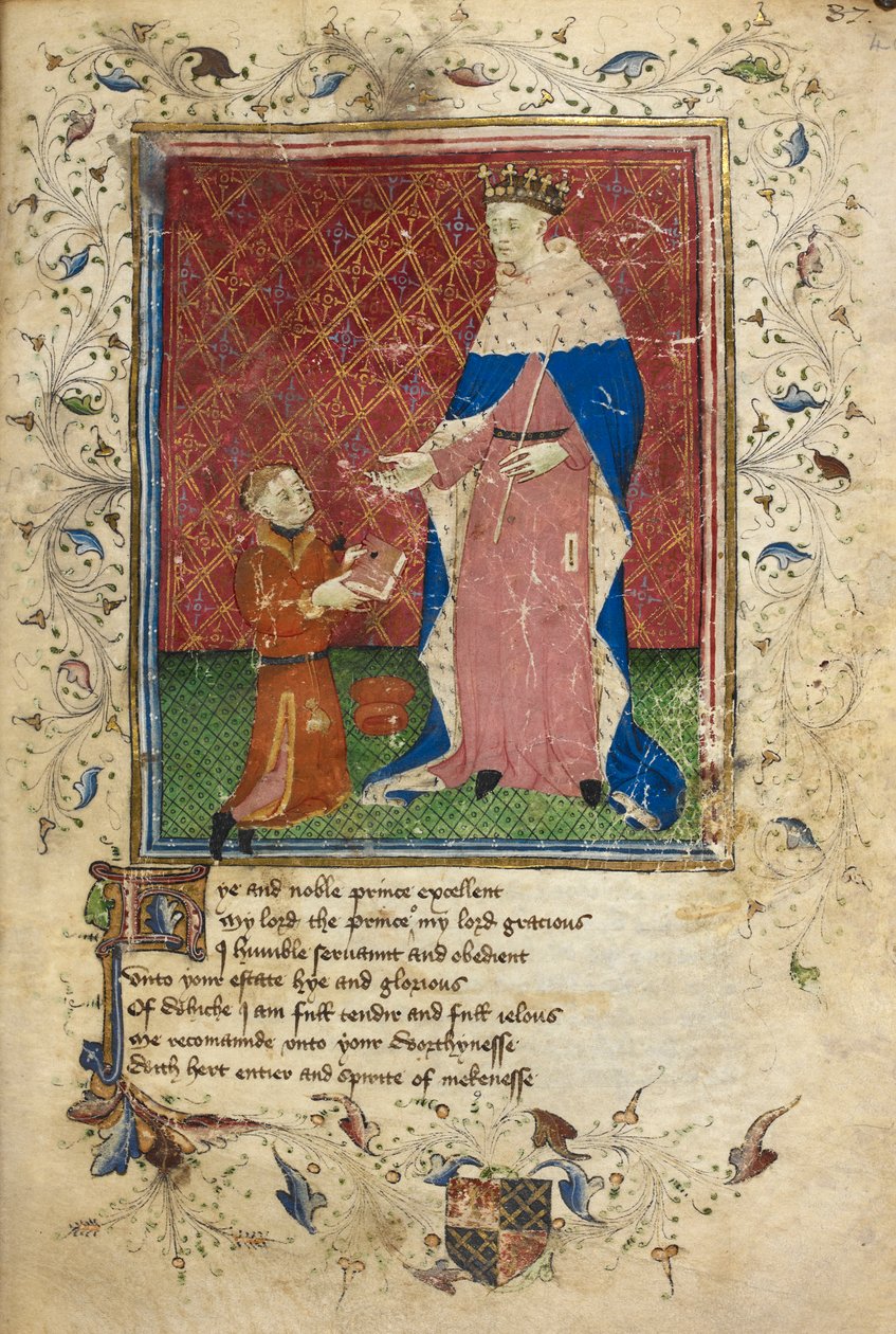 Royal 17 D. VI, f.40 Præsentationsscene med Thomas Hoccleve i færd med at tilbyde sin bog til Henry V (vellum) af English School